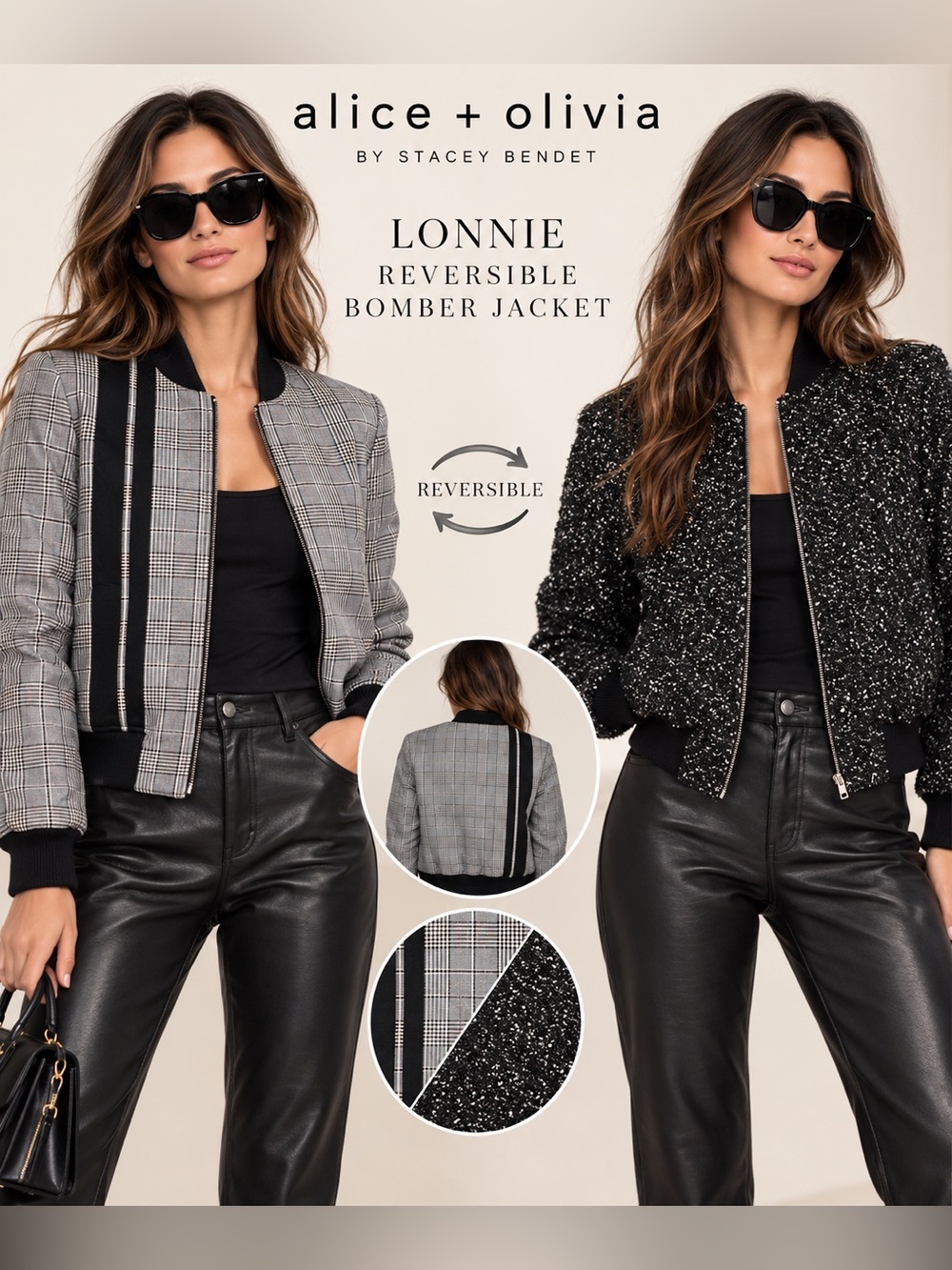 Alice and Olivia bomber jacket Lonnie Reversible Plaid Varsity Gray Black xs